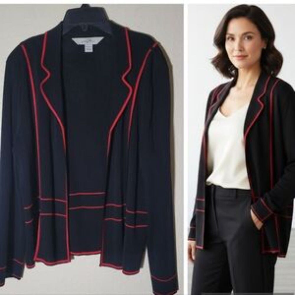 Ming Wang | Black Knit Cardigan Jacket Red Trim Office Chic Retro Classic L